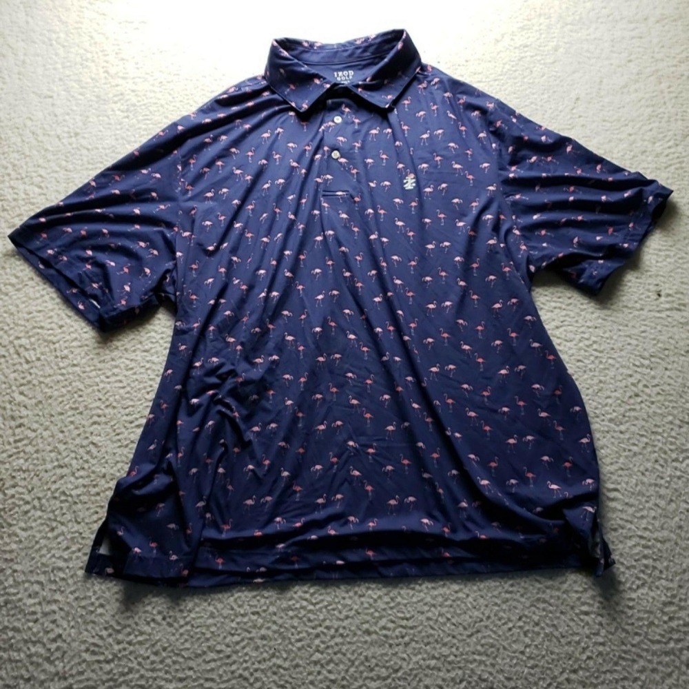 IZOD Golf Polo Shirt Mens Big 2XLT Blue Flamingo Print Stretch Golf Top